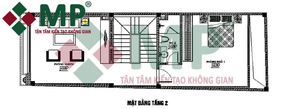 Mặt bằng tầng 2 xây trọn gói nhà phố 5x16