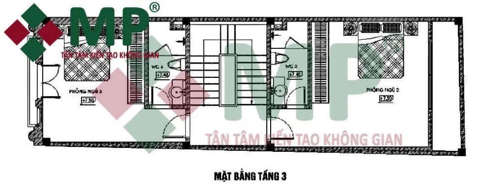 Mặt bằng tầng 3 xây trọn gói nhà phố 5x16