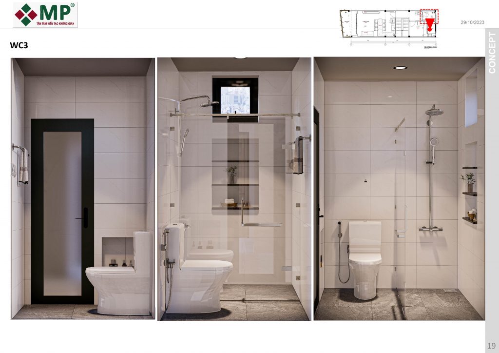 Nhà vệ sinh khép kín được ốp gạch trắng giúp cho không gian sáng và thoáng hơn