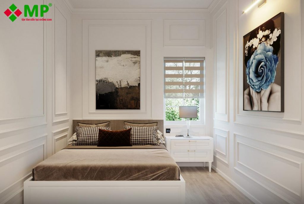 Hầu hết không gian phòng ngủ của căn biệt thự tân cổ điển này được kiến trúc sư Minh Phương thiết kế với điểm nhấn có cửa sổ lấy ánh sáng tự nhiên