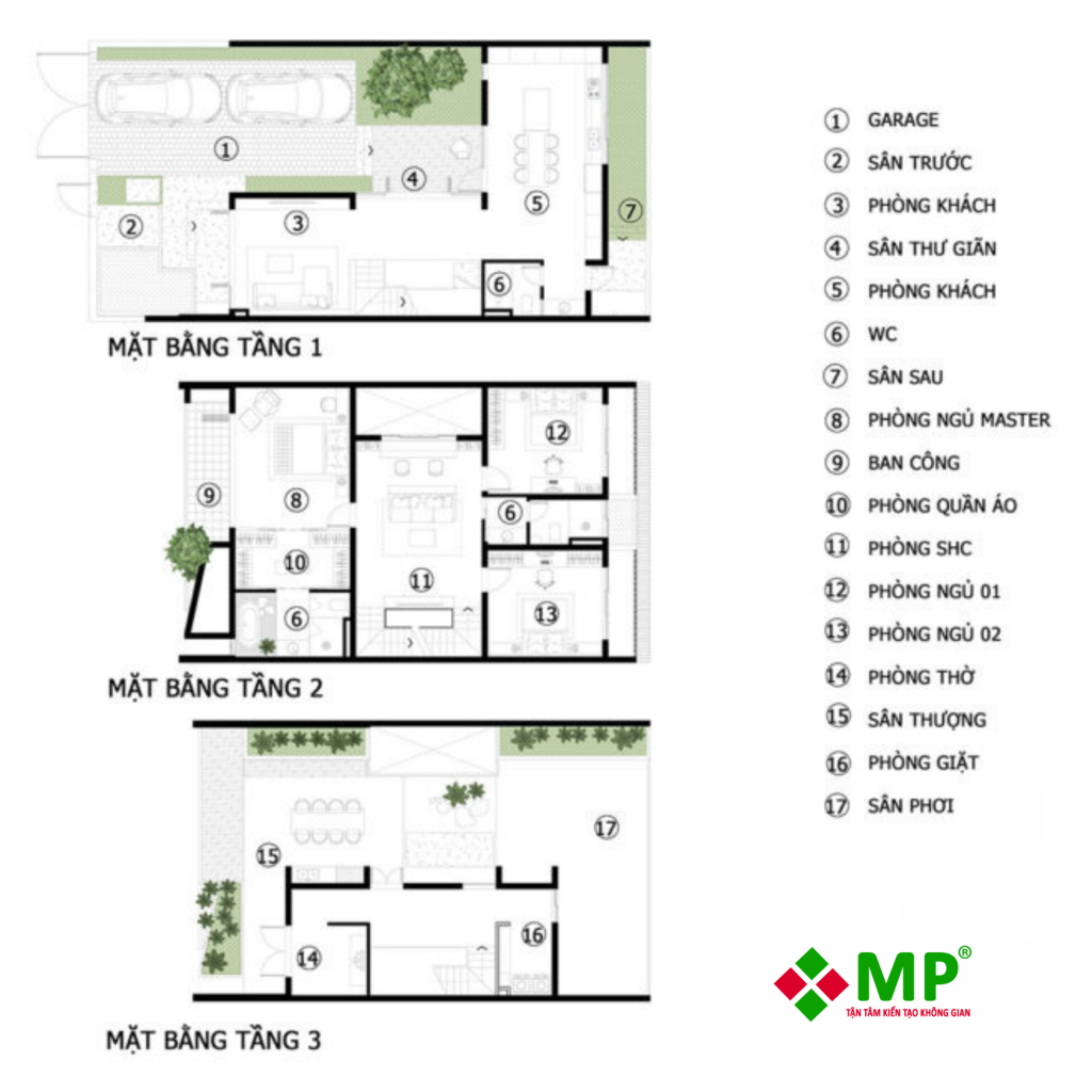 Mặt bằng công năng nhà phố hiện đại 3 tầng