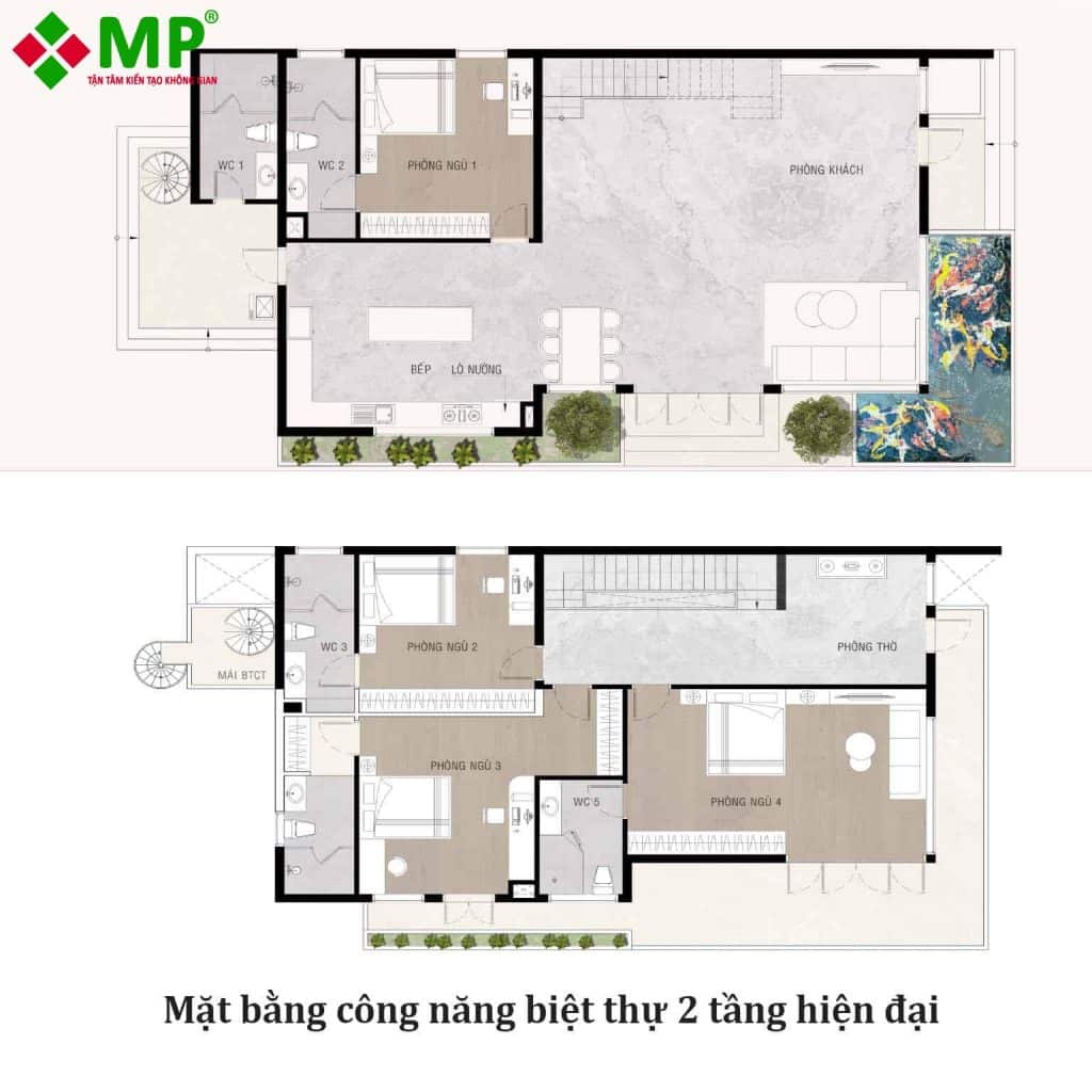 Mặt bằng công năng biệt thự 2 tầng hiện đại