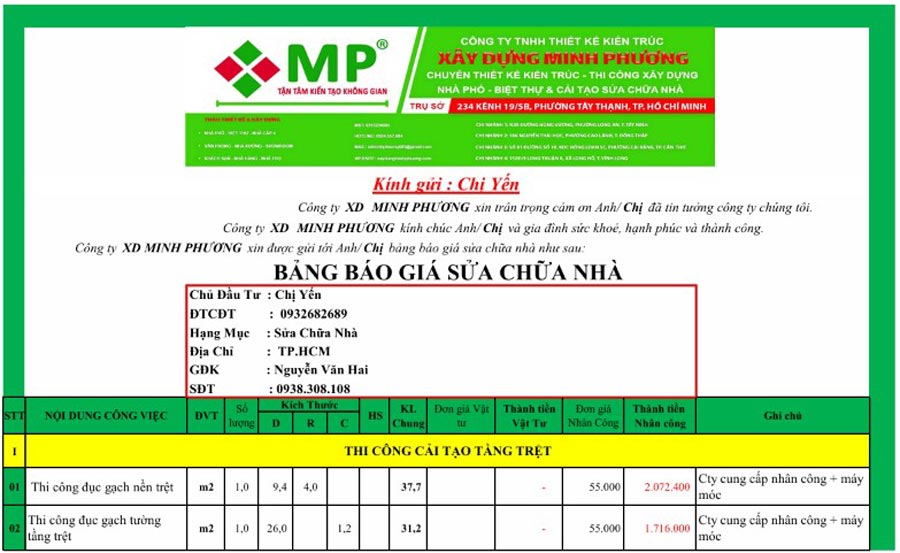 Kinh Nghiệm Sửa Chữa Nhà Quan Trọng Mà Gia Chủ Cần Biết 18 Bước 3: Bóc tách khối lượng và lập báo giá